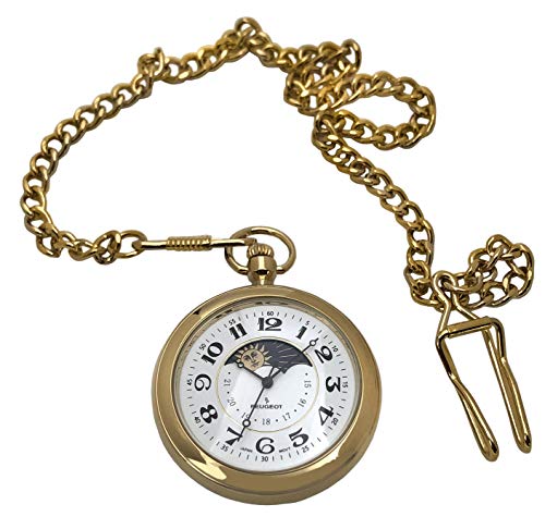PP PEUGEOT Peugeot Mens 14Kt gold Plated Vintage Moonphase Pocket Watch with chain 40mm Open Face Engravable with Easy to Read Roman Number