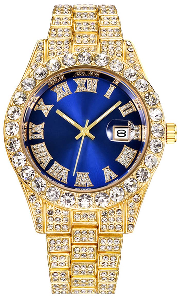 SENRUD Unisex crystal Watch Fashion Diamond Watch Mens Womens Full Iced-Out Watches Luxury Diamond Bracelet Watch (gold Blue)