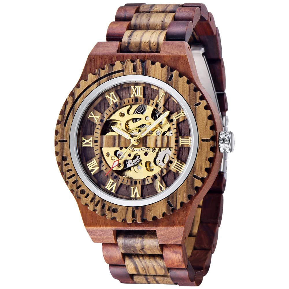 Dentily Automatic Movement Wooden Watch Skeleton Wood Watch Self-Winding Watches for Men