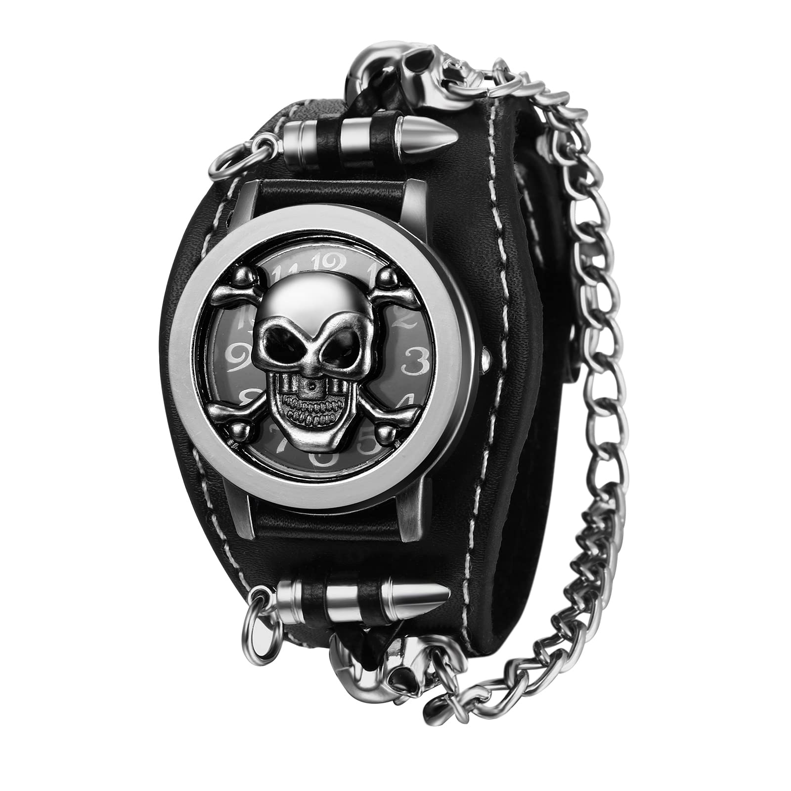 Avaner Mens Wrist Watch Steampunk Retro Skull Watches Stainsteel Flip Open Watch Leather cuff Bracelet Watch Analog Quartz Wide