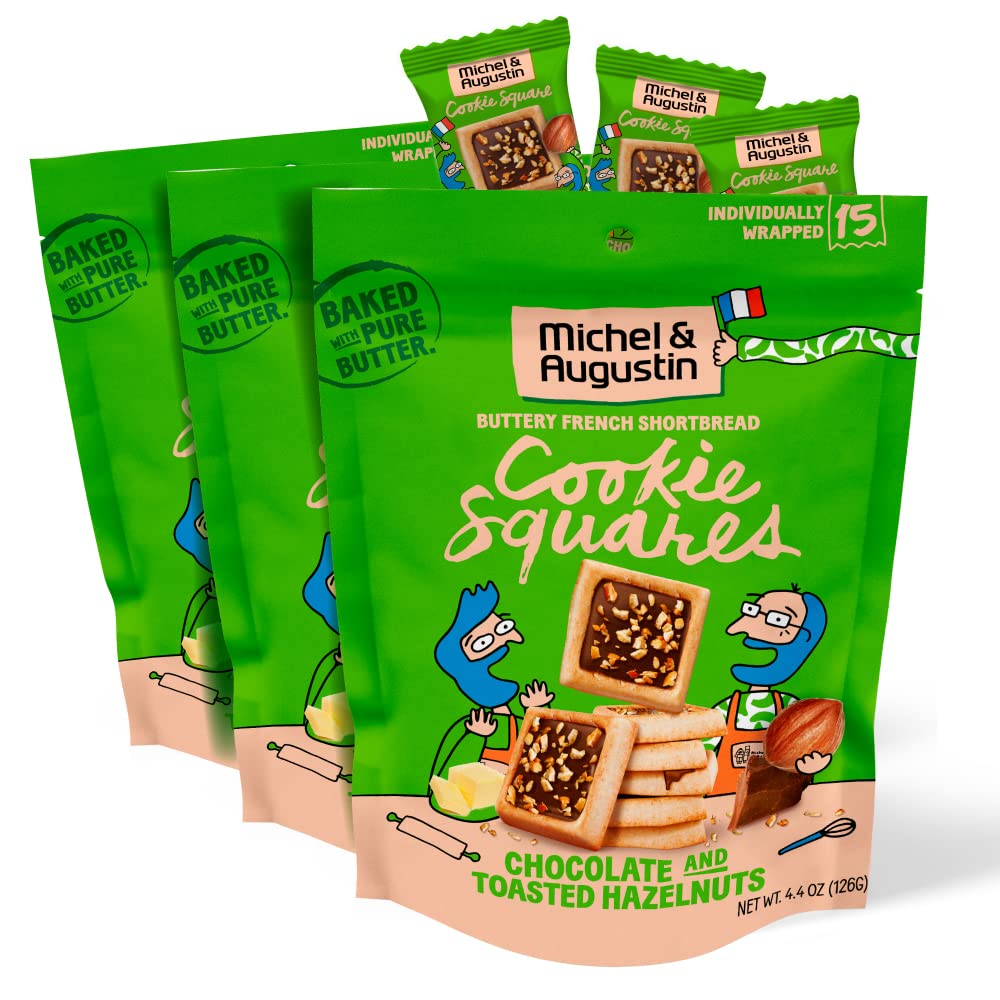 Michel et Augustin gourmet chocolate cookie Squares  Milk chocolate & Hazelnut  Individually Wrapped European cookies  3-Pack  1