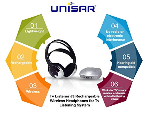 Unisar J3 TV920 Listener Rechargeable Wireless Infrared Headphones for TV Listening System | Cordless Over Ear Headphone