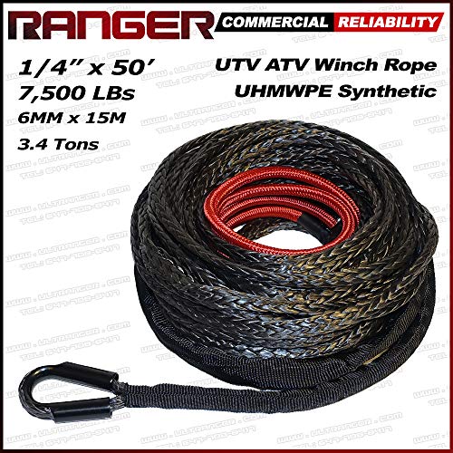 RANGER ULTRANGER SY45 7500 LBs 1/4" x 50 UHMWPE Synthetic Winch Rope 6MM x 15Meter for UTV/ATV Winch