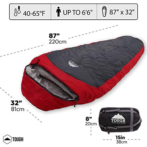 Tough Outdoors Mummy Sleeping Bag - Hooded Sleeping Bags w/Compression Sack for Adults for Summer, Mild & Winter Weather - XL Sleeping Sack for