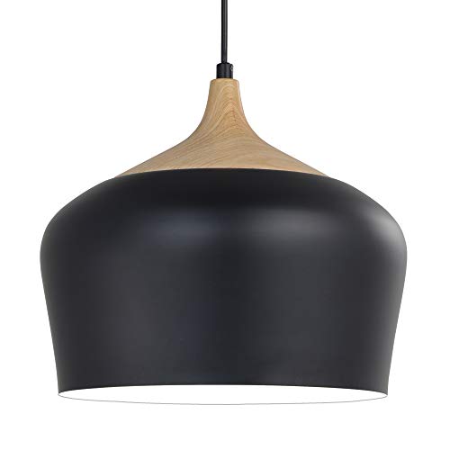 Karmiqi Modern Pendant Light with LED Bulb, Wood Pattern Metal Shade Ceiling Hanging Light Fixtures for Kitchen Island, Dining R