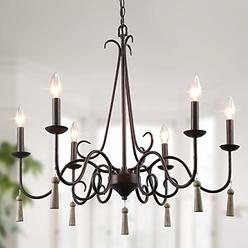 LALUZ Rustic French Country Chandelier, Large Farmhouse Light Fixture with Wood Drops for Dining & Living Rooms, Bedrooms and Fo