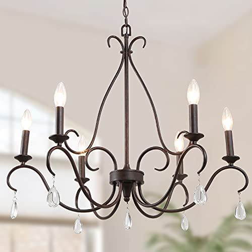 LALUZ Rustic Farmhouse Chandelier, 6-Light Bronze French Country Chandeliers with Crystal Pendants for Dining Room, Living Room,
