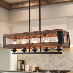 LALUZ Farmhouse Chandelier, 5-Light Kitchen Island Lighting with Clear Glass, Wood and Black Finish, 32 Inches