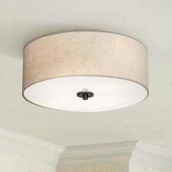 Regency Hill Sylvan Contemporary Modern Ceiling Light Flush Mount Fixture Bronze 18" Wide Off White Oatmeal Fabric Drum Shade for House Bedro