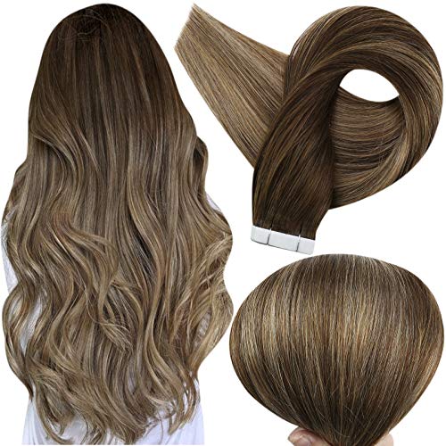 Fshine Tape In Hair Extensions Human Hair Balayage Color 4 Fading To 27 And  14 Highlighted 4 Medium Brown Balayage Tape Hair Ext