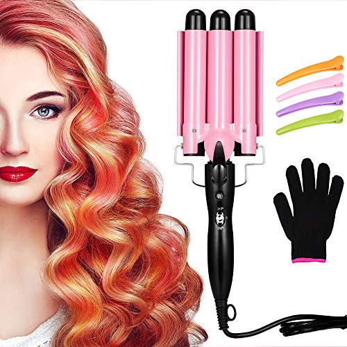 Willbond 3 Barrel Curling Iron Wand Three Barrel Hair Waver Iron Hair Crimper Barrels with 4 Pieces Hair Clips and Heat Resistant Glove, 