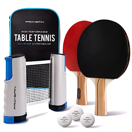PRO SPIN All-in-One Portable Ping Pong Set – 2-Player Kit with Ping Pong Net for Any Table, Premium Ping Pong Paddles, 3-Star Ba