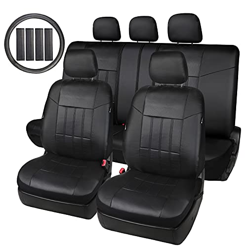 Leader Accessories 17pcs Black Faux Leather Car Seat Covers Full Set Front + Rear with Airbag Universal Fits for Trucks SUV Incl