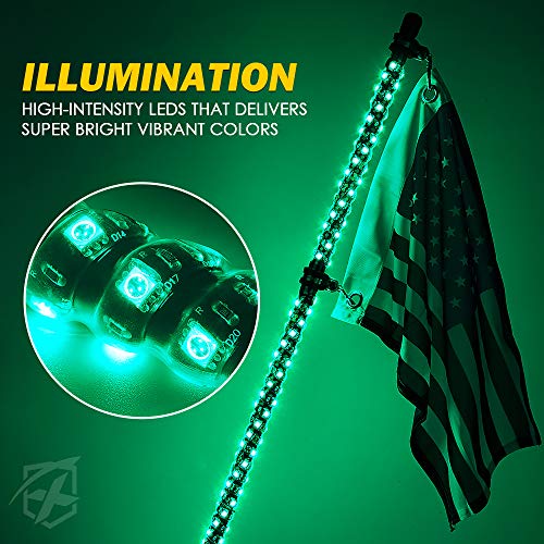 Xprite 4FT Spiral Whip Lights, Green LED Safety Warning Flexible Whips Pole Lighted Antenna w/ US America Flag for Side by Side