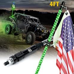 Xprite 4FT Spiral Whip Lights, Green LED Safety Warning Flexible Whips Pole Lighted Antenna w/ US America Flag for Side by Side