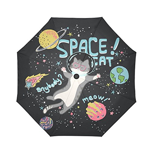 InterestPrint Cute Space Cat Windproof Automatic Open and Close Folding Umbrella,Universe Planet Travel Lightweight Outdoor Umbr
