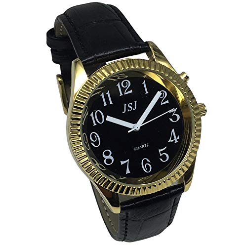 VISIONU English Talking Watch with Alarm Function Talking Date and time Black Dial Black Leather Band golden case