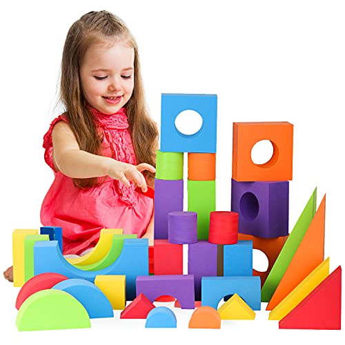 Lolo Toys Large Building Foam Blocks for Toddlers - 30 Piece Giant Jumbo Big Building Blocks - Variety Shapes and Colors - Waterproof, Was