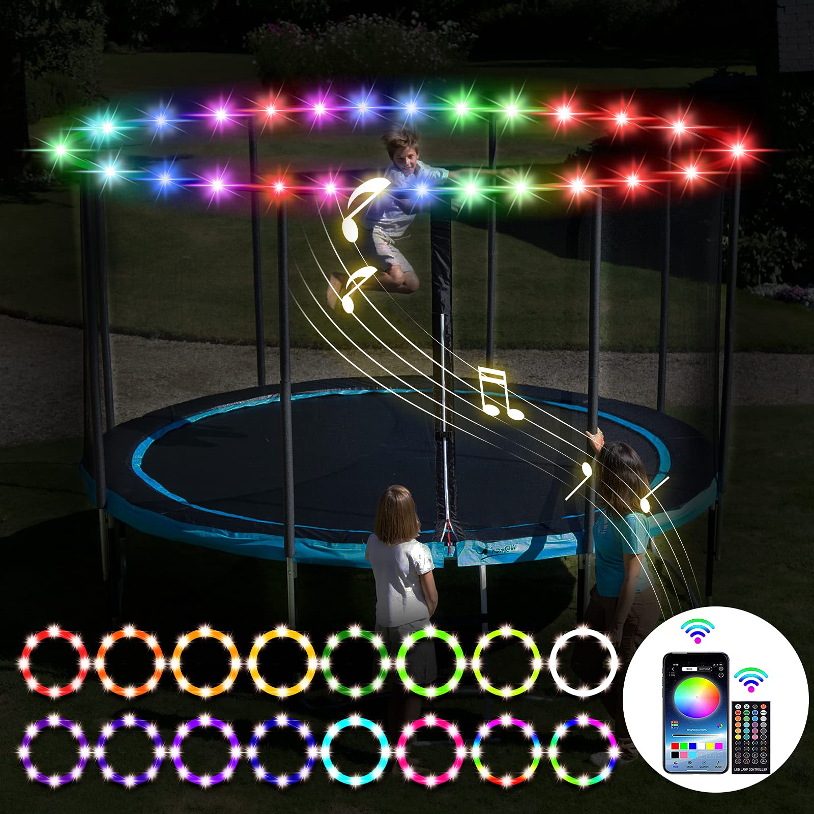 SUVEUS 52Ft Trampoline Lights, Waterproof LED Lights for 16Ft 15Ft 14Ft 12Ft 10Ft Trampoline, 16 colors change with Remote and A