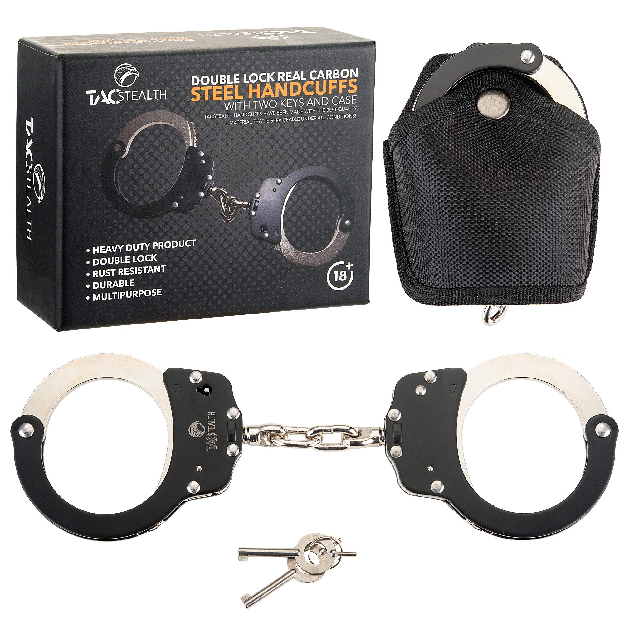 TacStealth Handcuffs with Two Keys  Handcuffs case Heavy Duty Black and Silver Steal Professional grade BendBreak Free Secure Ha