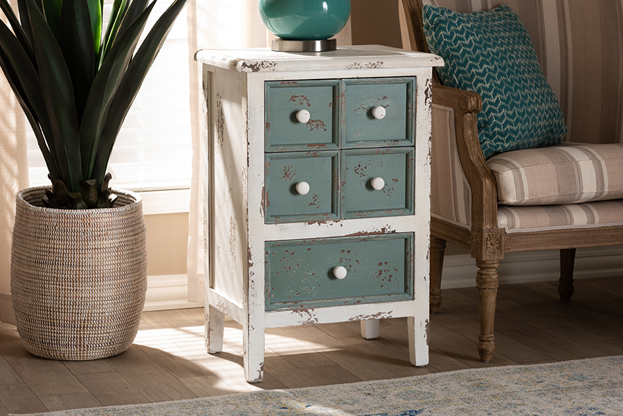 Wholesale Interiors Baxton Studio Angeline Antique French Country Cottage Distressed White and Teal Finished Wood 5-Drawer Storage Cabinet