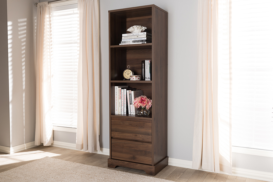 Wholesale Interiors Baxton Studio Burnwood Modern and Contemporary Walnut Brown Finished Wood 2-Drawer Bookcase