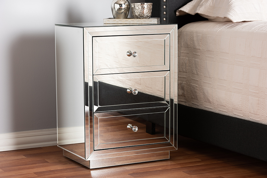 Wholesale Interiors Baxton Studio Hollywood Regency Glamour Style Mirrored 3-Drawer End Table