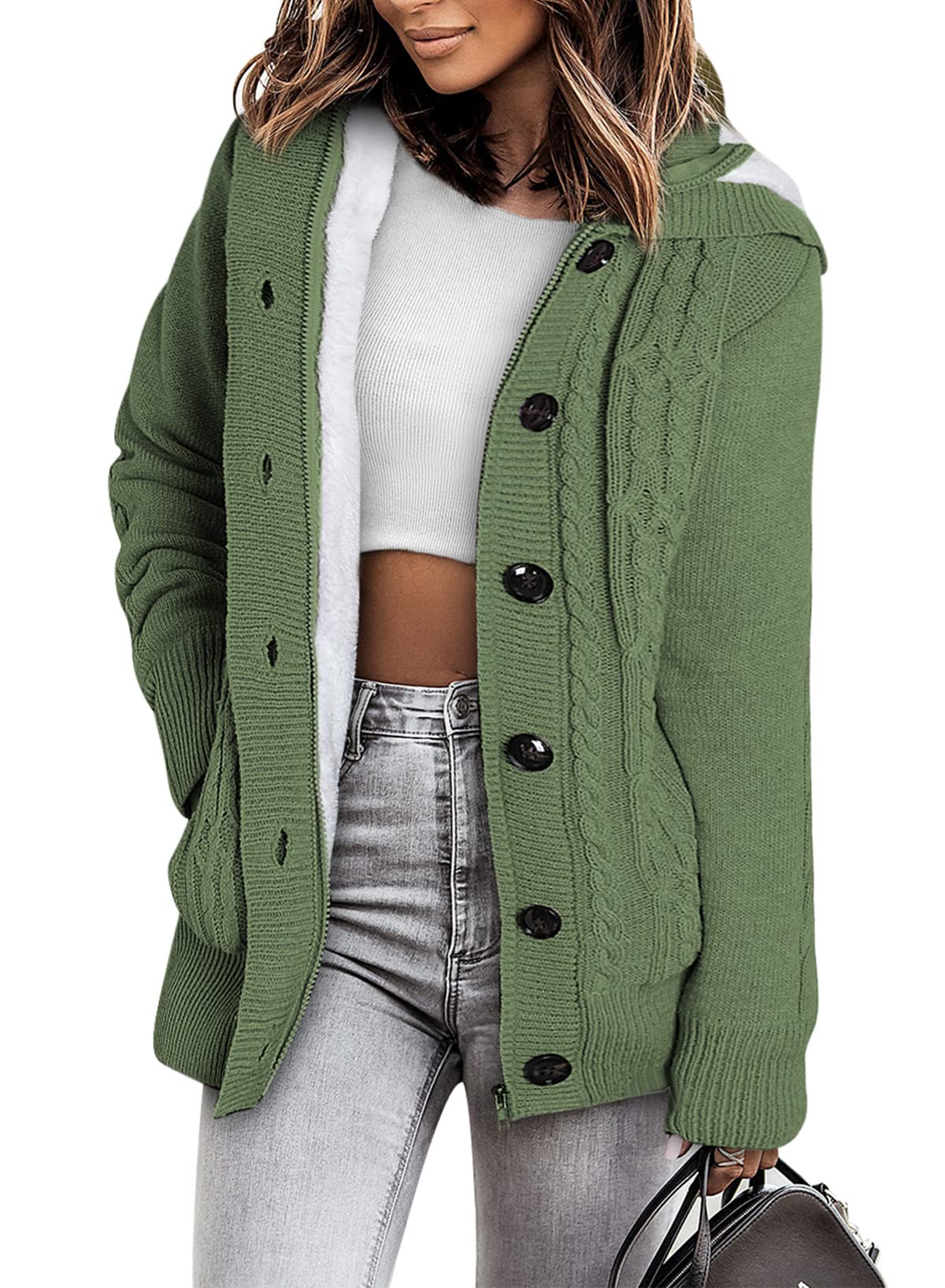 Sidefeel Women Hooded Knit Cardigans Button Cable Sweater Coat Small Light Green