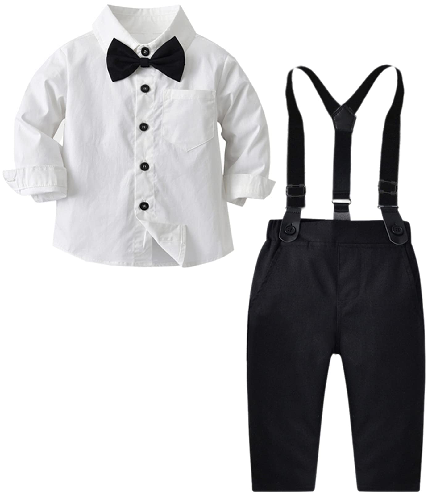 SANGTREE Boys Dress Clothes Set, 2Pcs Clothing Set For Boys Of Classic Formal Shirt With Bowtie  Suspender Pants, White 2, Tag 180  10-11