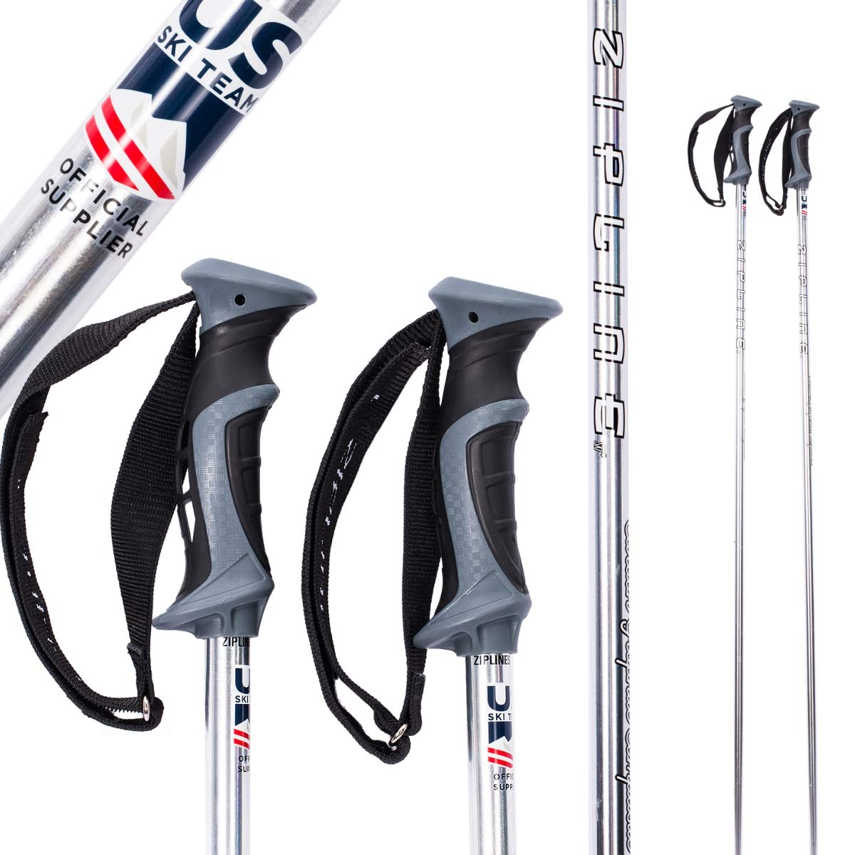 Zipline Ski Ski Poles Graphite Carbon Composite - Zipline Blurr 160 - Us Ski Team Official Supplier (Silver Chrome, 46 In117 Cm)