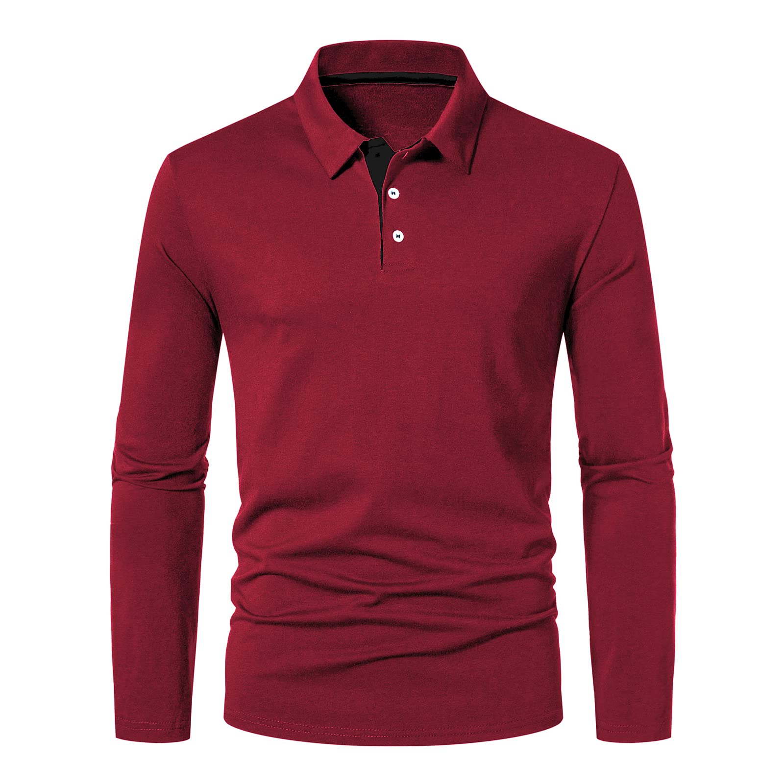 A Waterwang Mens Long Sleeve Polo Shirts, Slim-Fit Cotton Golf Polo Shirts Basic Designed Wine Red