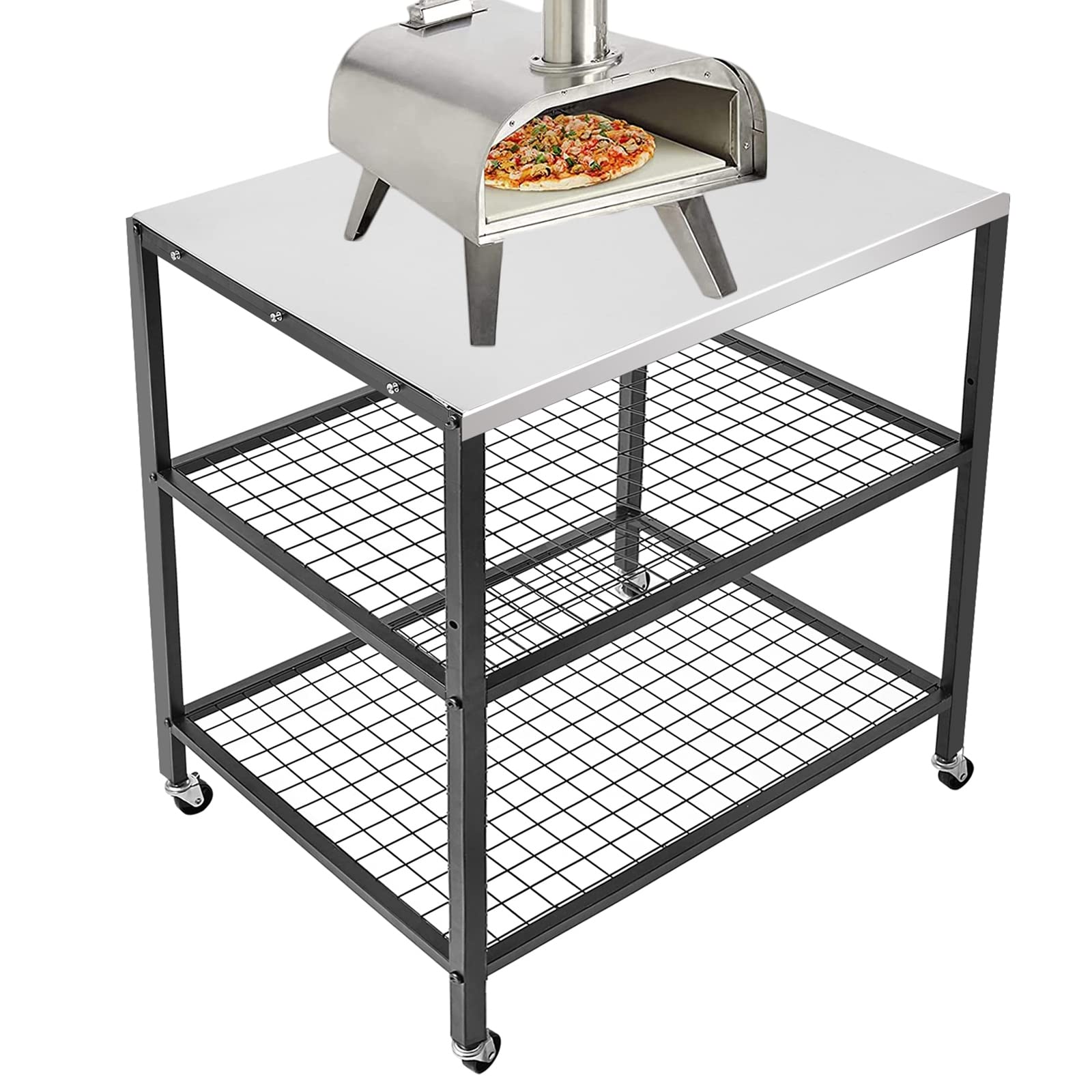 Weashume Three-Shelf Movable Food Prep And Work Cart Table Stainless Steel Grill Cart Modular Table With Wheels Commercial Kitch