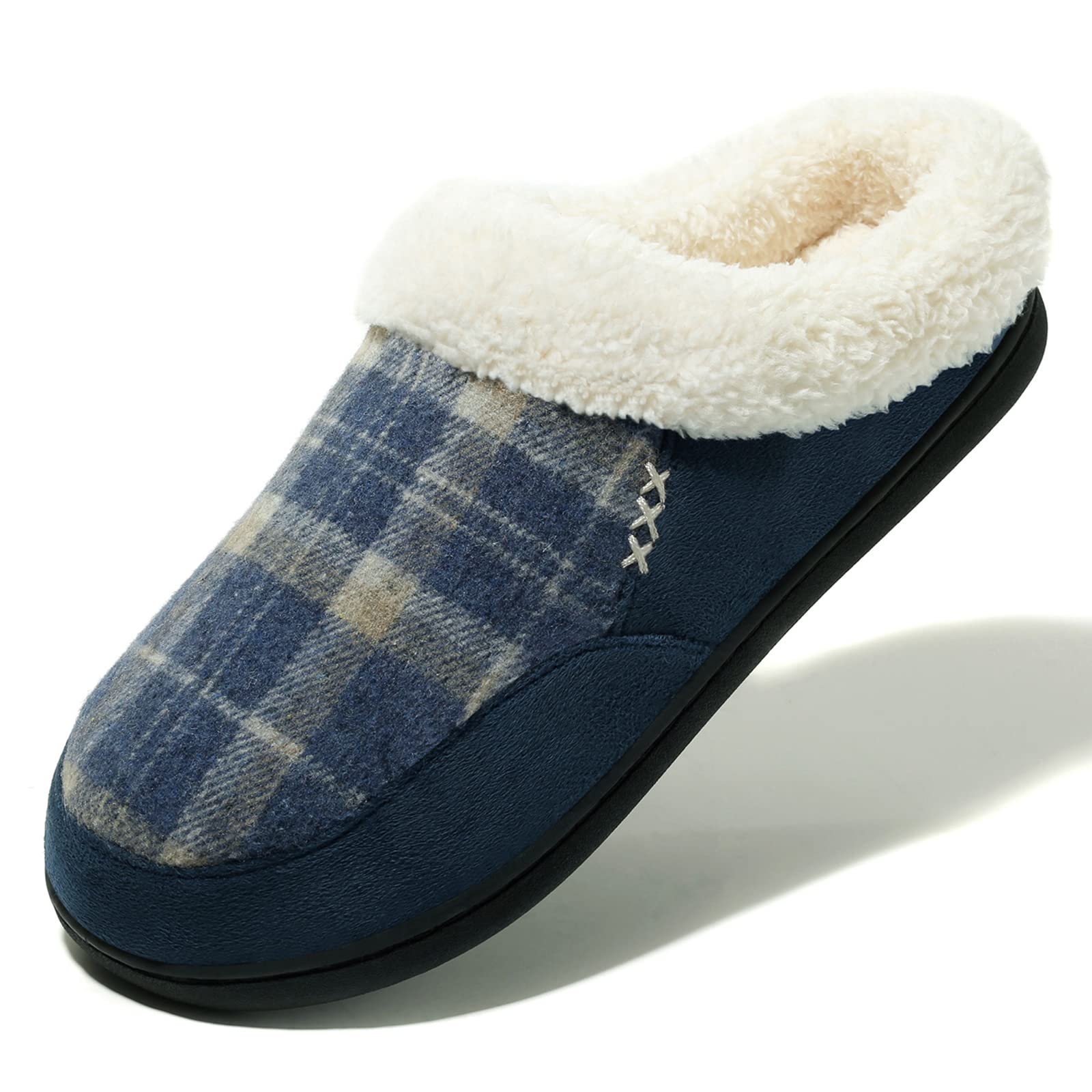 Newdenber Mens Cozy Memory Foam Slippers Plaid Soft Plush Fleece Lined Slip On Indoor Outdoor Clog House Shoes (15-16 D(M) Us, N