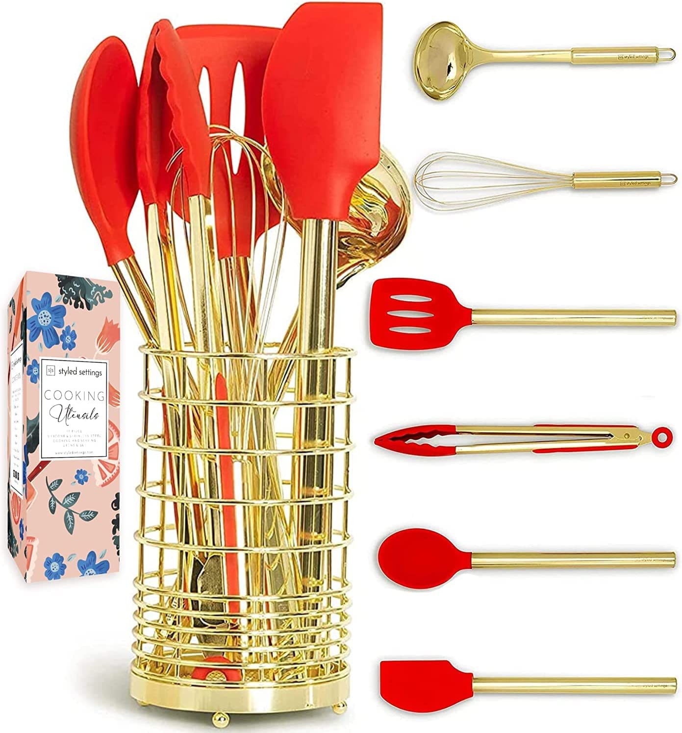 Styled Settings Gold Red Kitchen Utensils Set With Holder -Gold
