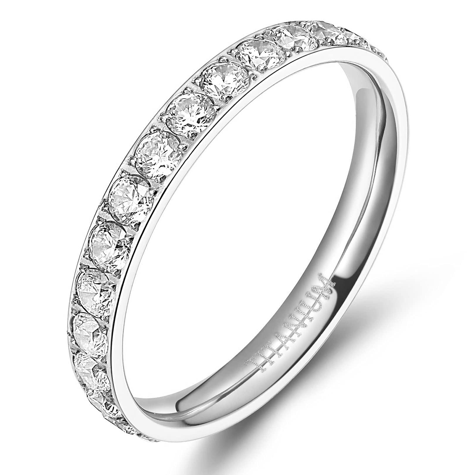 Tigrade 3Mm Women Titanium Engagement Ring Cubic Zirconia Eternity Wedding Band Size 3 To 135(Silver, 3)