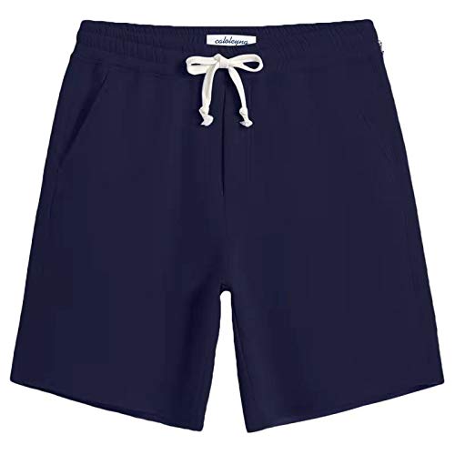 Caloleyng Mens Cotton 8 Long Casual Lounge Fleece Shorts Pockets Jogger Athletic Workout Gym Sweat Shorts Navy Blue
