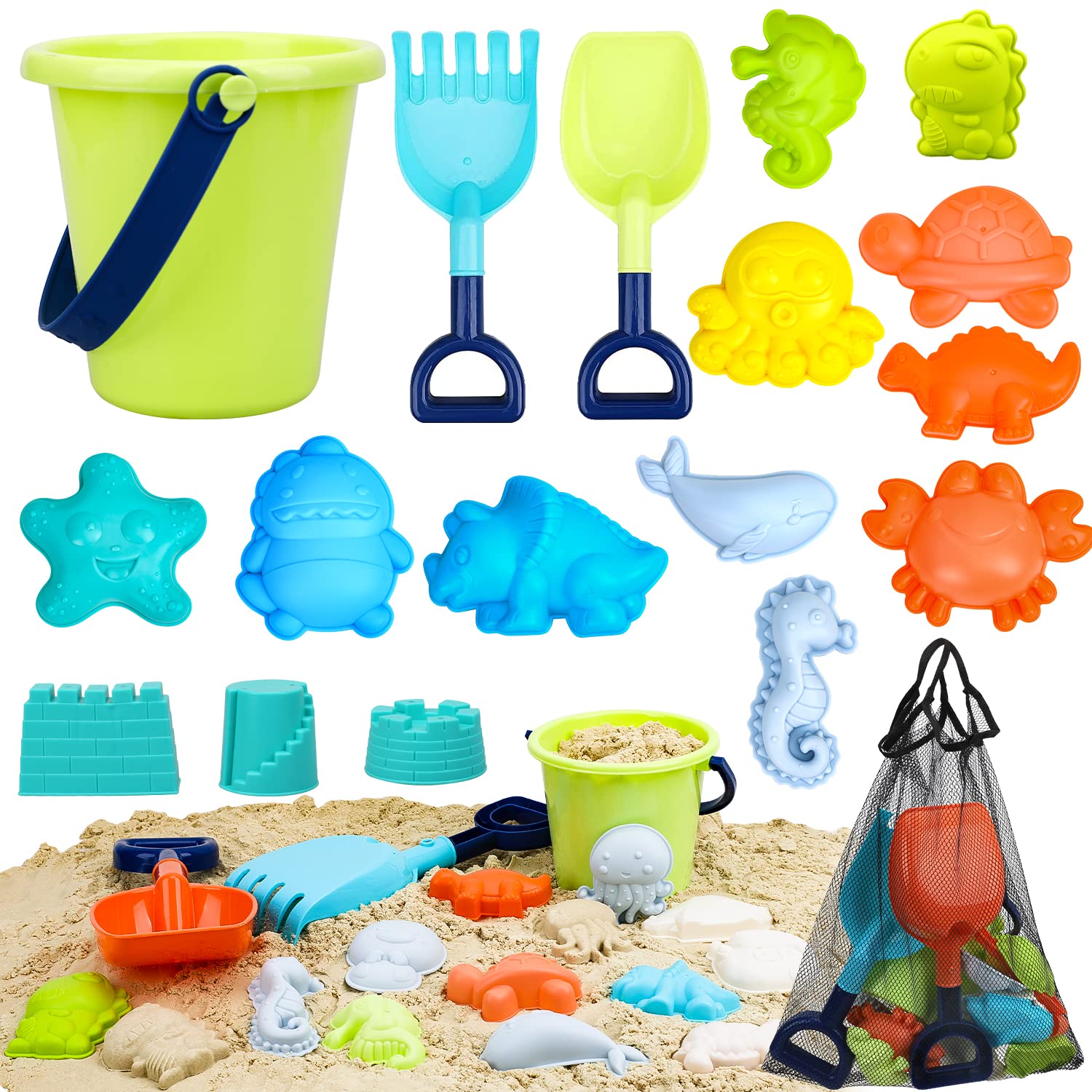 Toy Life Beach Toys For Kids Toddler, Kids Sand Toys Includes Beach Bucket, 2 Sand Shovels, Sand Castle Molds Toys With Mesh Bag
