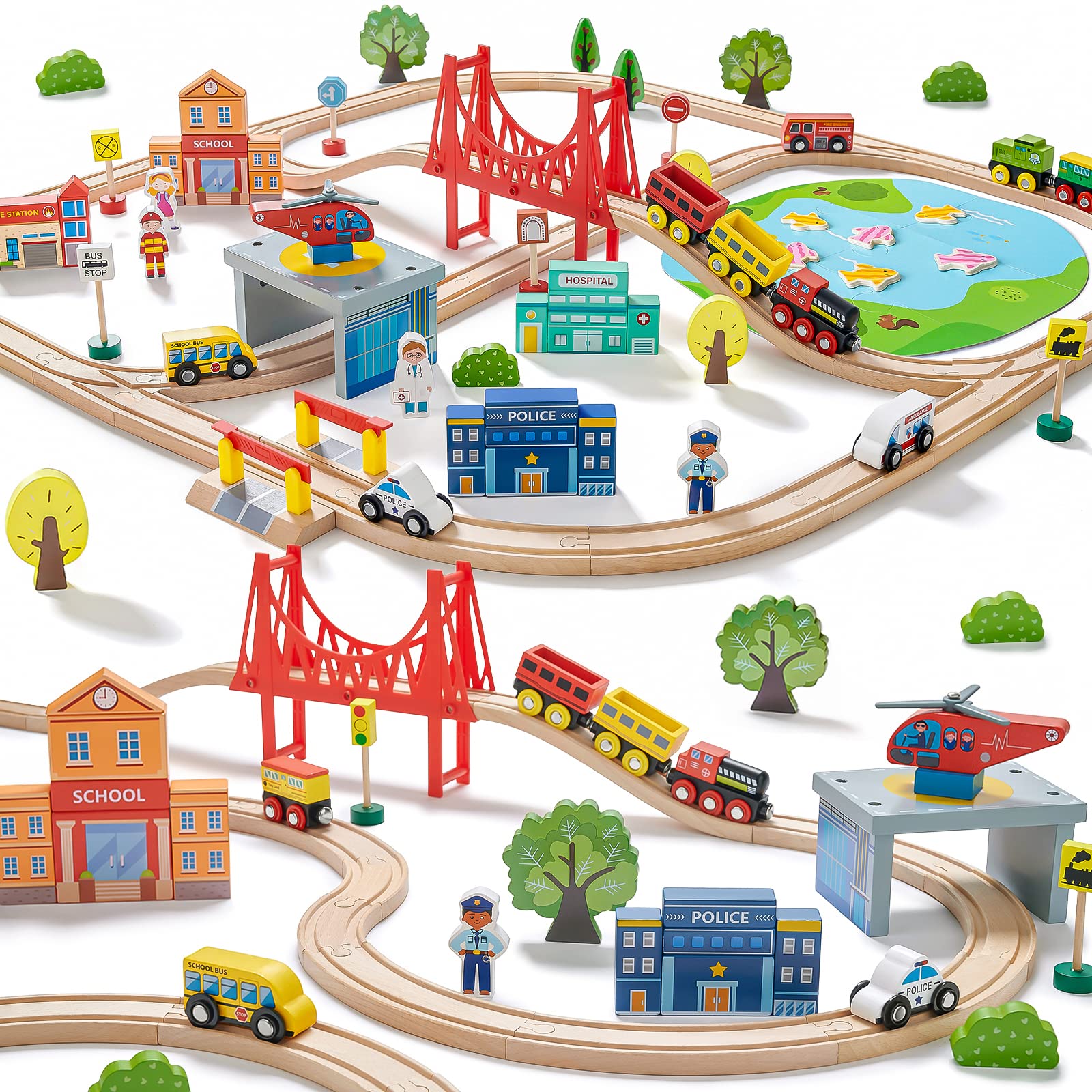 Tiny Land Train Set 110Pcs Wooden Train Set, Toy Train For Boys Girls