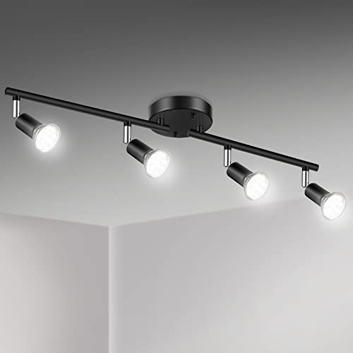 Unicozin Led 4 Light Track Lighting Kit, Black 4 Way Ceiling Spot Lighting, Flexibly Rotatable Light Head, Track Light Included 