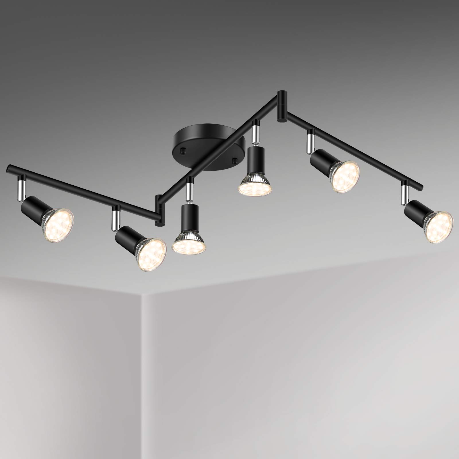 Unicozin Led 6 Light Track Lighting Kit, Black 6 Way Ceiling Spot Lighting, Flexibly Rotatable Light Head, Track Light Included 