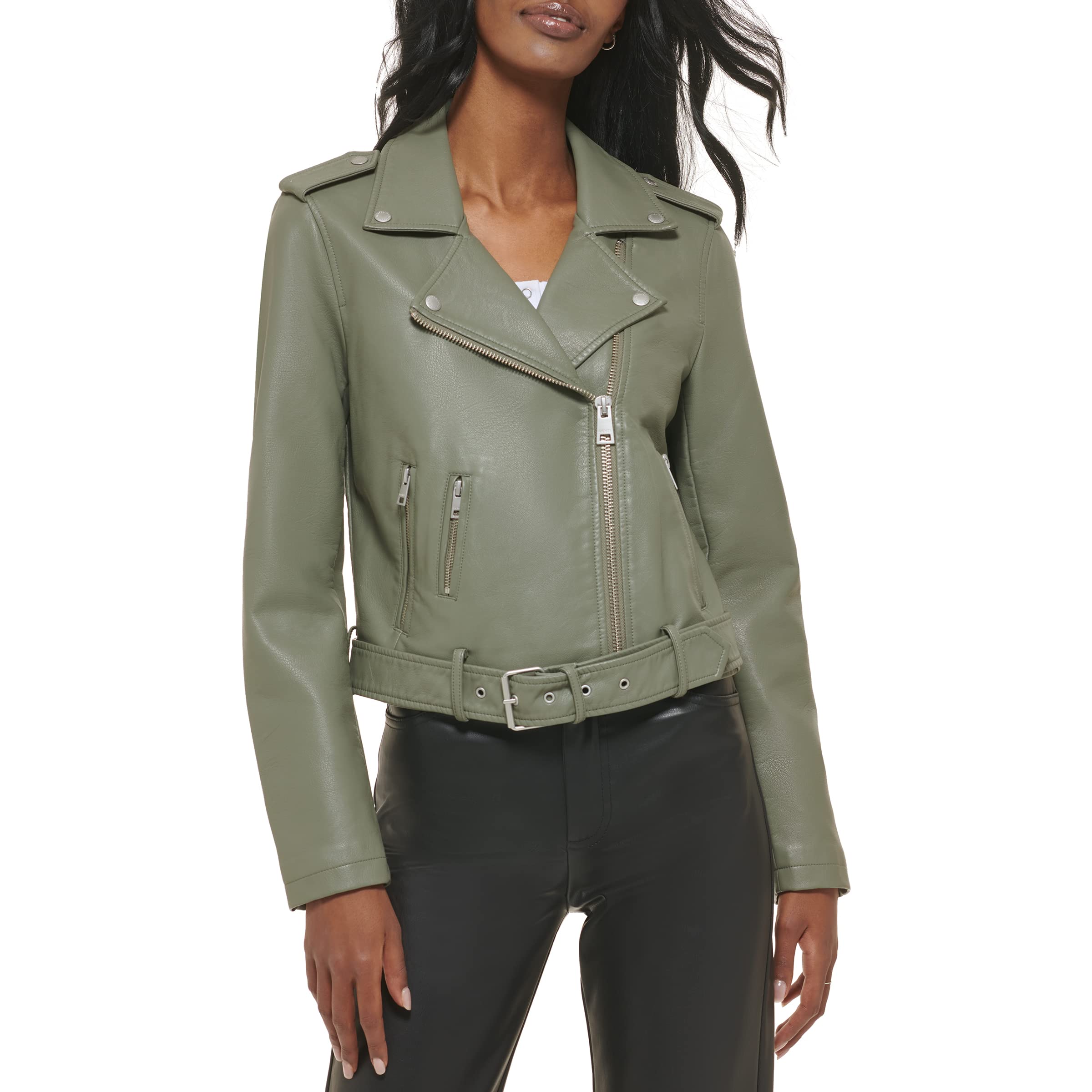 Torment Helplessness Compose levi\'s Levis Womens Faux Leather Belted Motorcycle Jacket (Standard And  Plus Sizes), Sage Green, 2X
