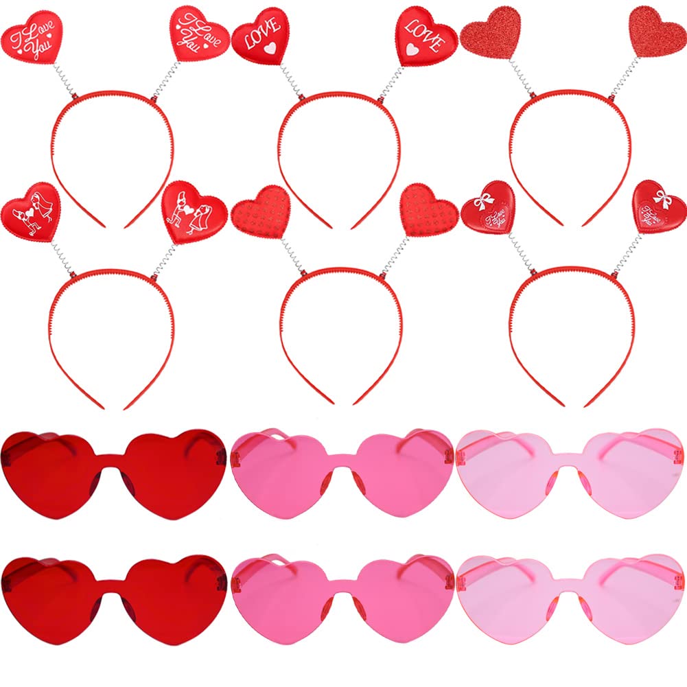 Dinesil 12 Pcs Valentines Heart Headbands And Valentines Glasses, Valentines Heart Shape Head Boppers Sunglasses For Valentine P