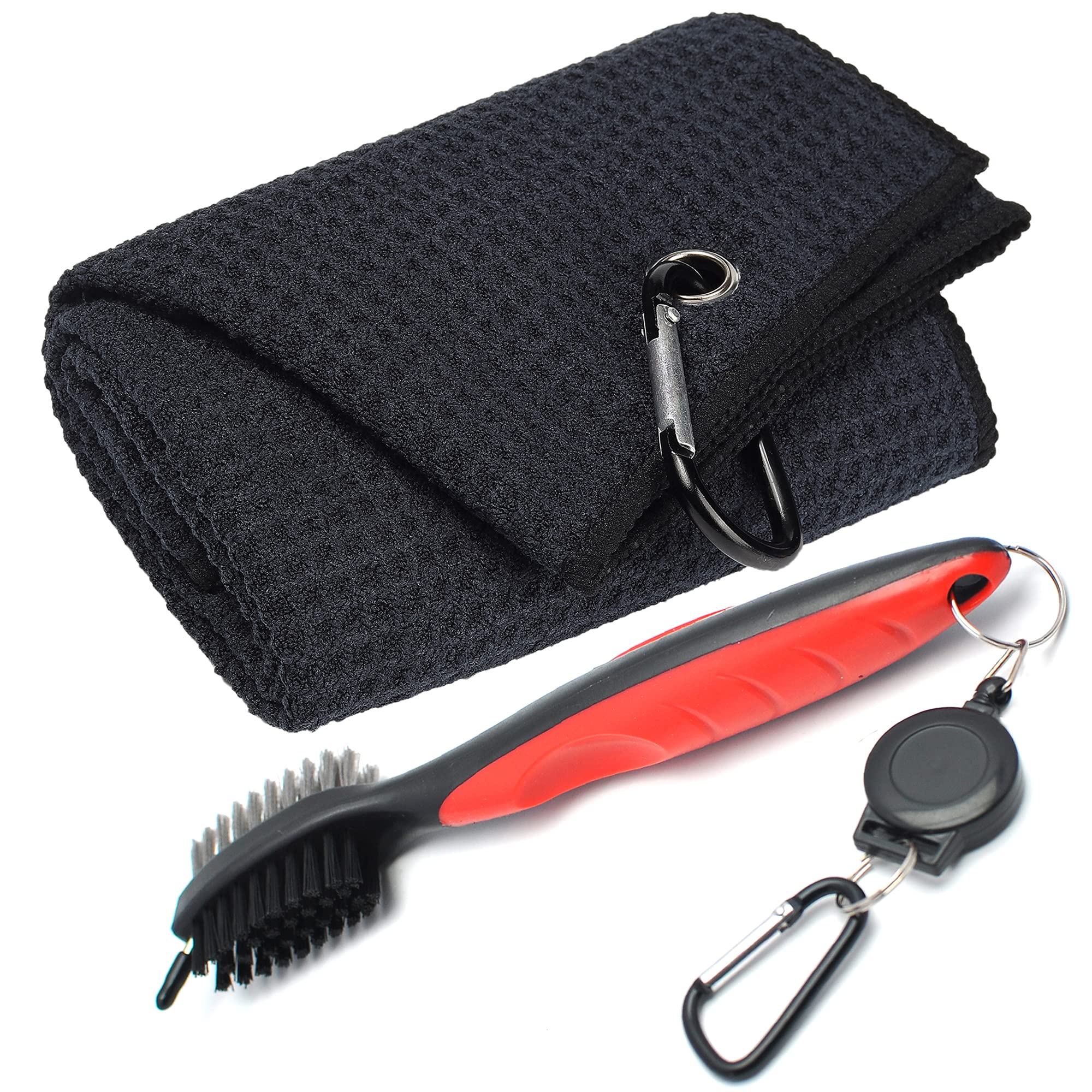 Mile High Life Microfiber Waffle Pattern Tri-Fold Golf Towel Brush Tool Kit With Club Groove Cleaner, Retractable Extension Cord