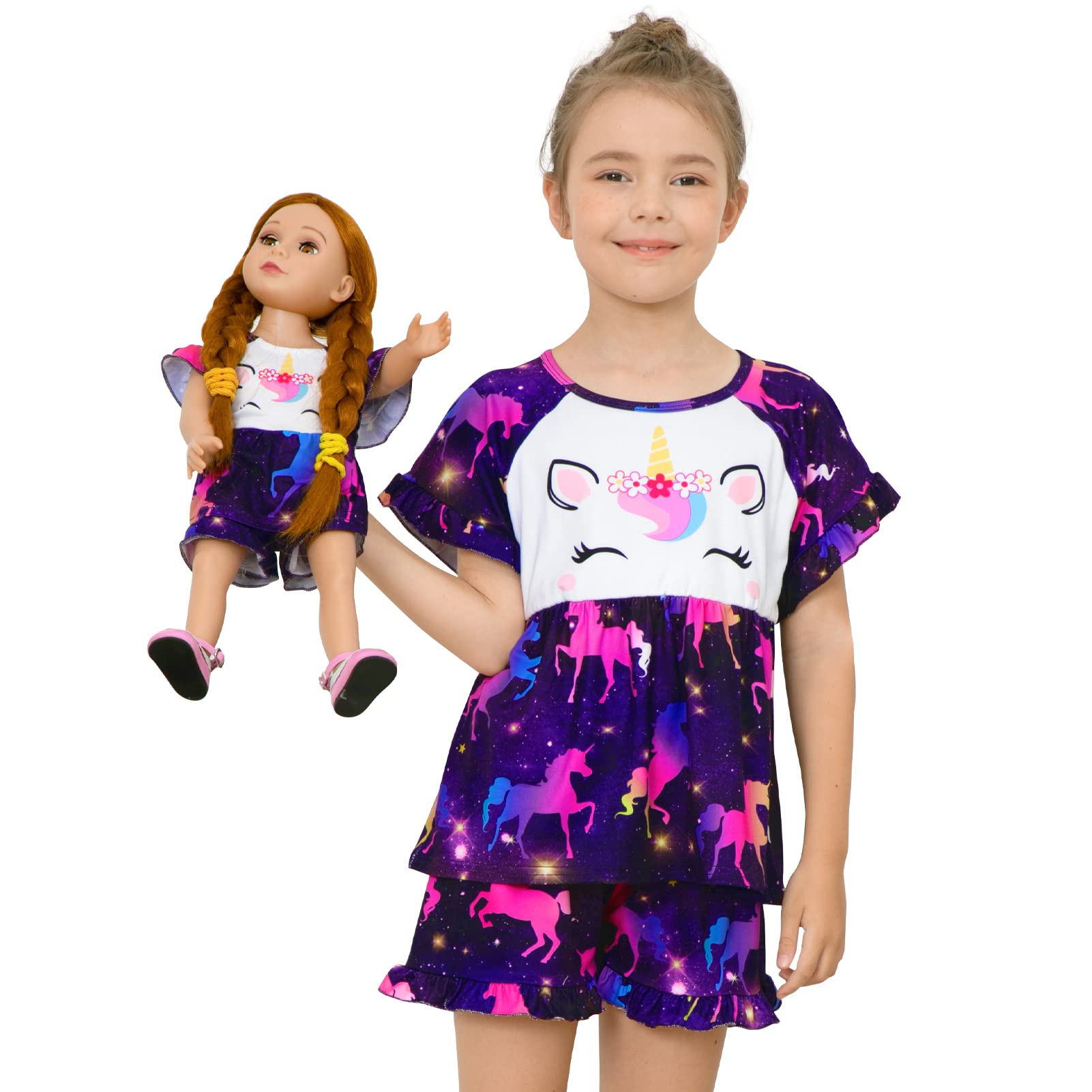 Play Tailor Girl  Doll Matching Pajamas Unicorn Outfit Clothes For Girls And 18 Dolls Pajama Sets (Doll Not Included), Dark Purple, 3-4T