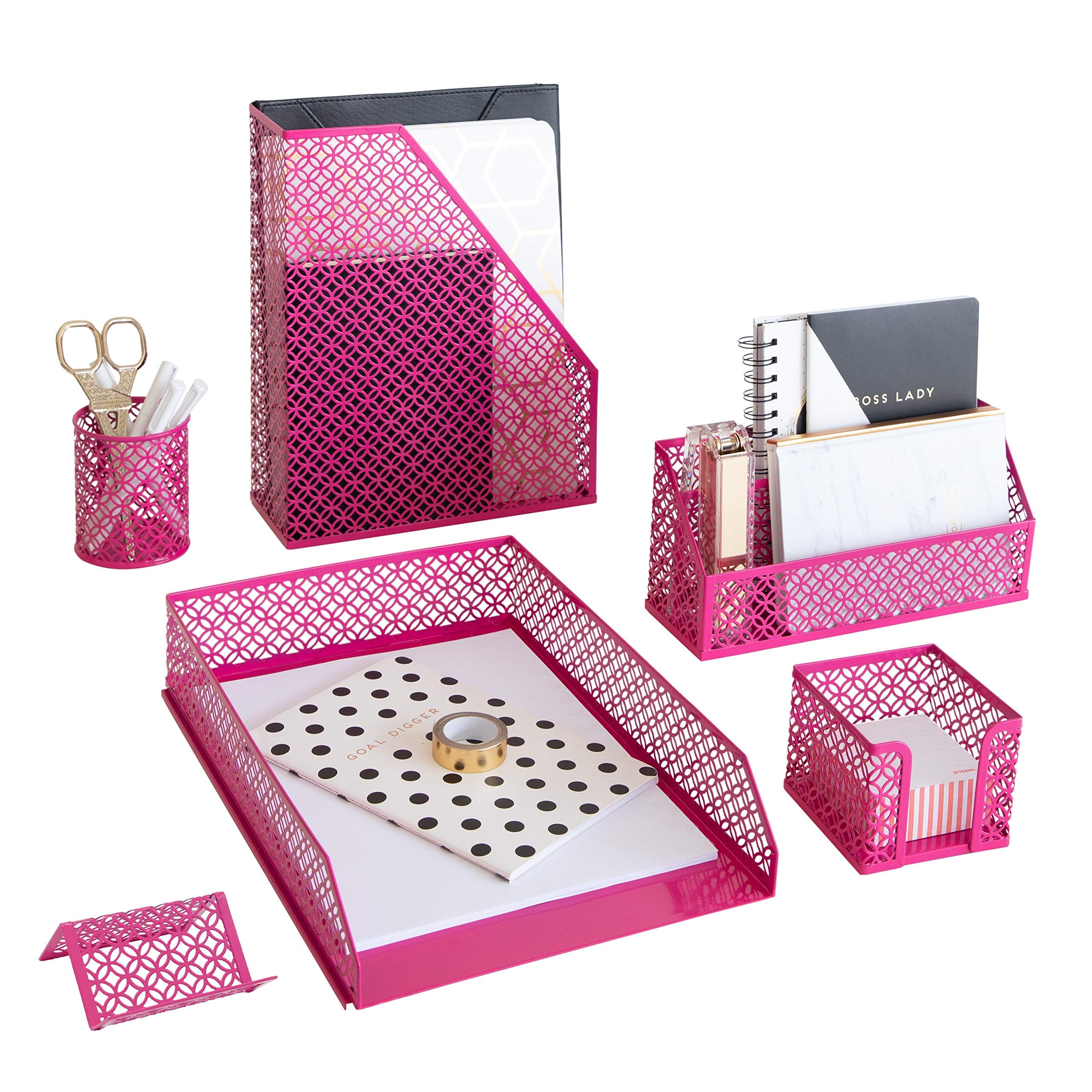 HY17073-A6SET-hot-pink Blu Monaco Pink Office Supplies Hot Pink Desk  Accessories For Women Office - 6 Piece Cute Pink Desk Organizer Set