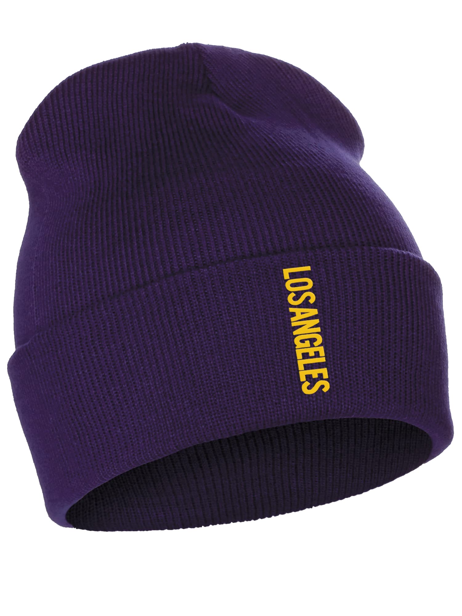 Daxton Vertical Usa Cities Cuffed Beanie Winter Knit Hat Skully Cap, Los Angeles Purple Gold