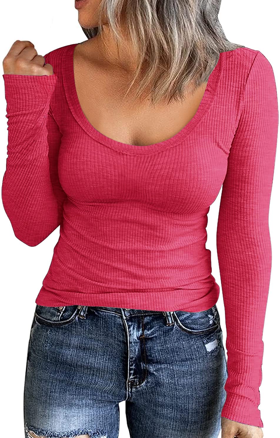 Roselux Women Long Sleeve Scoop Neck Ribbed Fitted Knit Shirt Cotton Basic Thermal Henley Tops (Hot Pink L)