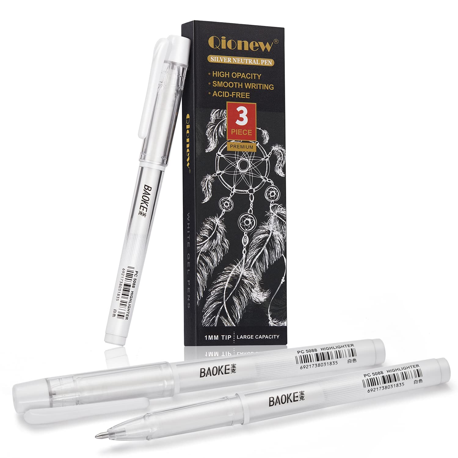Qionew White Gel Pen Set, 3 Pack, 1Mm Extra Fine Point Pens Gel Ink Pens  Opaque White Archival Ink Pens For Black Paper Drawing