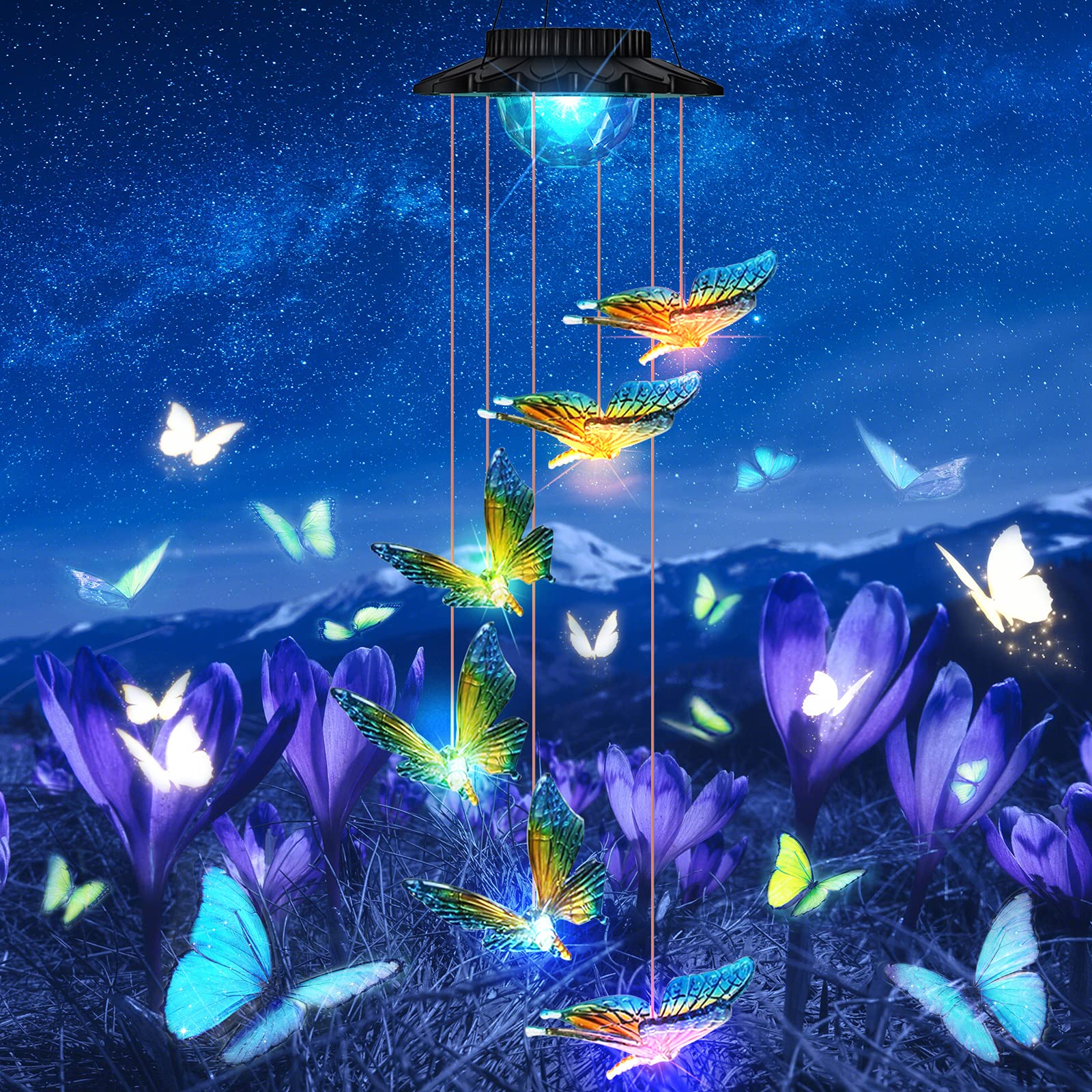 Ishabao Solar Wind Chimes, Led Butterfly Color Changing Outdoor Indoor Waterproof Mobile Decorative Outdoor Hanging Solar Lights