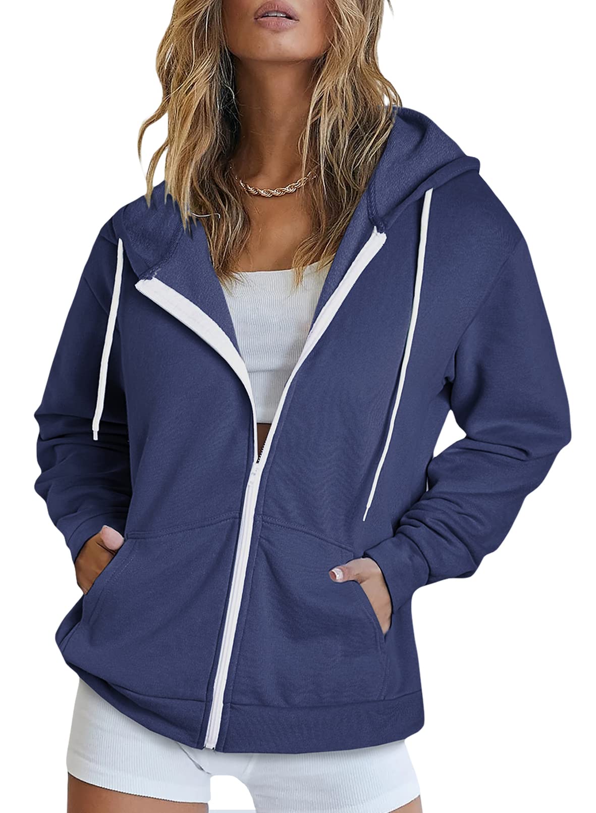 Dokotoo Womens Fall Solid Color Oversized Full Zip Up Hoodie Long Sleeve  Plus Size Ladies Hooded Blue Sweatshirts Pockets Jacket